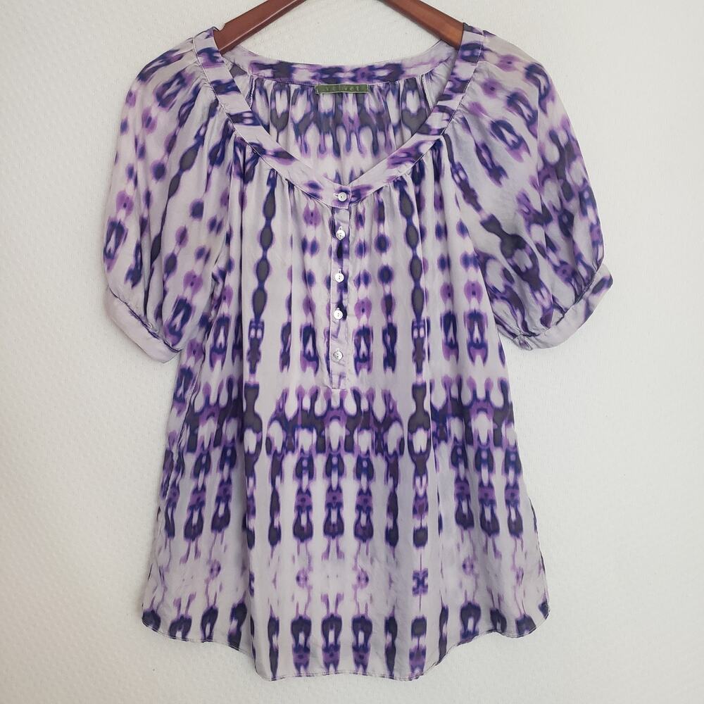 Velvet Brand Women’s 100% Silk Purple Printed Peasant Blouse Tunic Boho Med